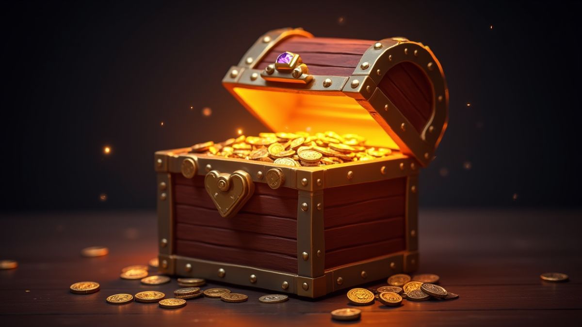 Shining treasure chest filled with coins and jewels.