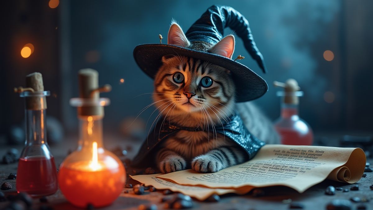 Um gato encantado com chapéu de mago cercado por poções brilhantes e pergaminhos mágicos.
