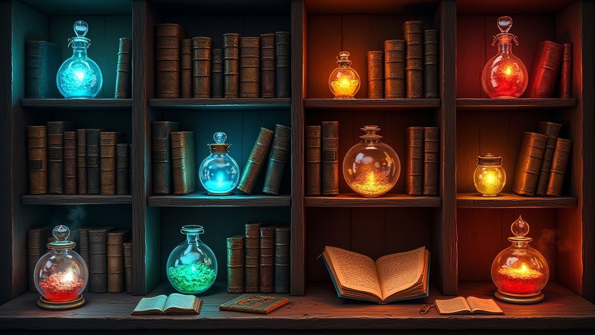 Estante brilhante cheia de livros de feitiços mágicos e poções resplandecentes.