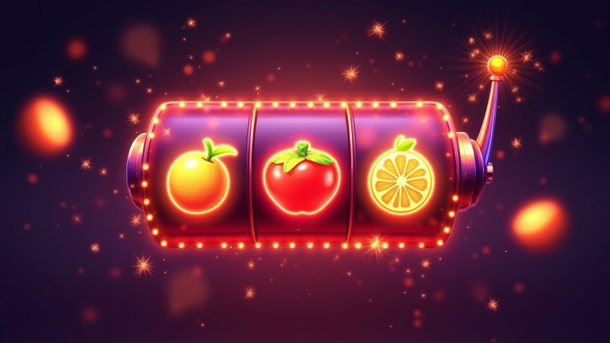 Leuchtende Früchte umgeben von magischen Funkeln an einem Spielautomaten.