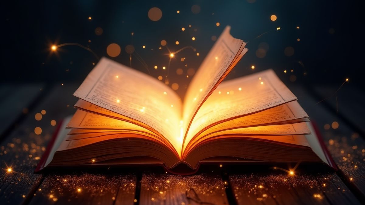 Ein verzaubertes Buch mit leuchtenden Seiten und magischem Staub.