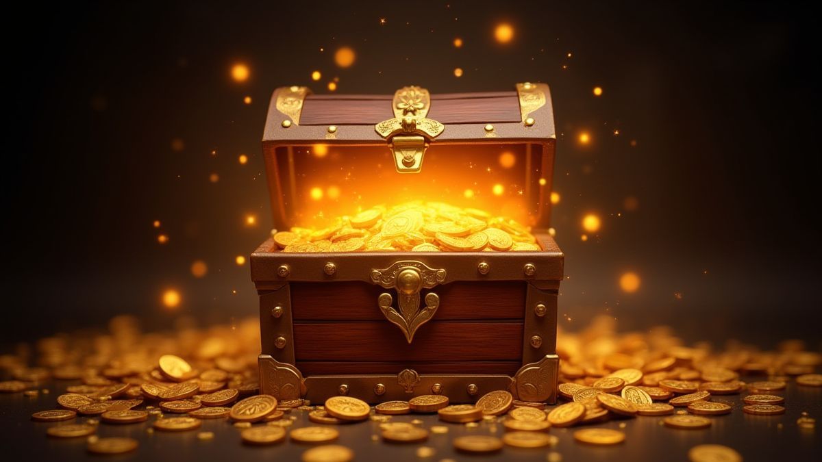 Ein leuchtender Schatztruhen umgeben von goldenen Münzen und magischen Funkeln.