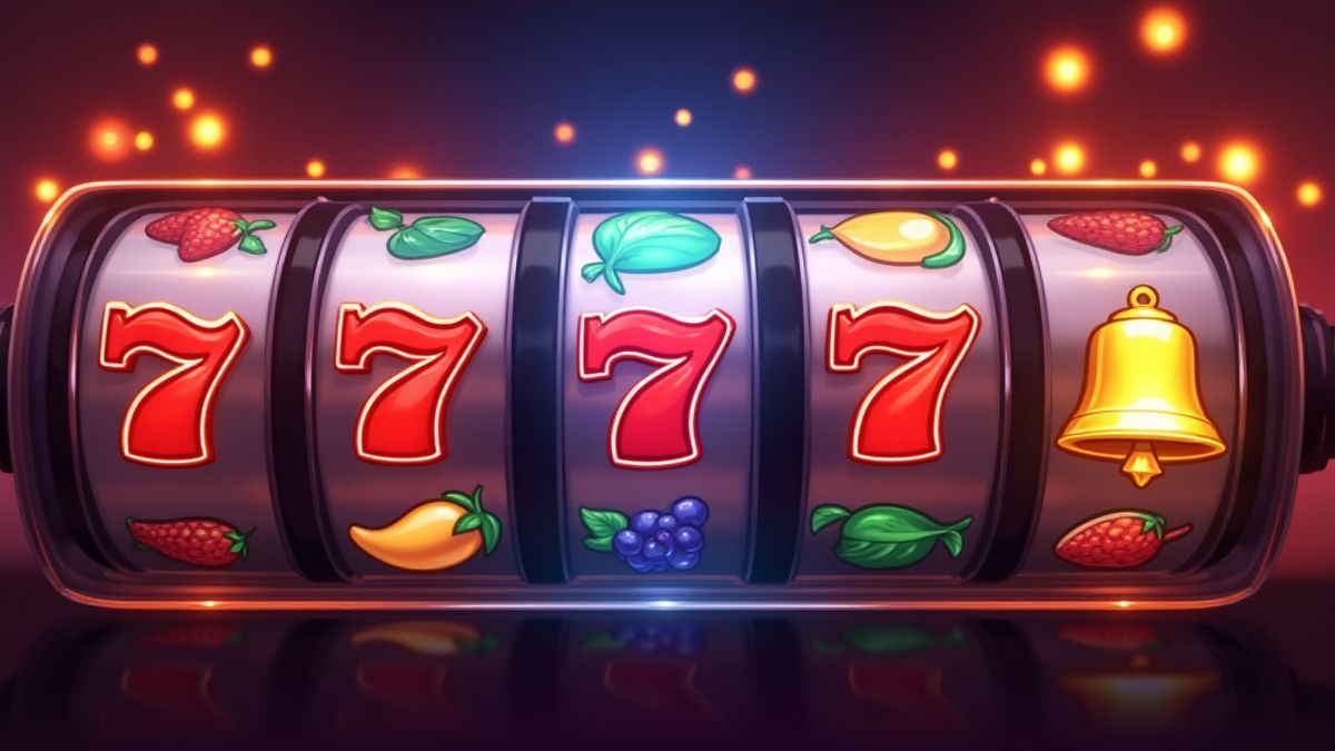 Retro symbols like fruits and bells illuminated by bright lights.