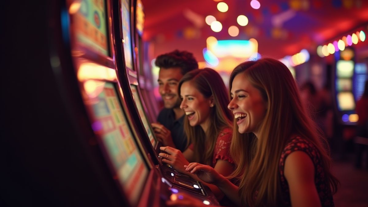 Festive atmosphere where players celebrate their wins around a slot machine.