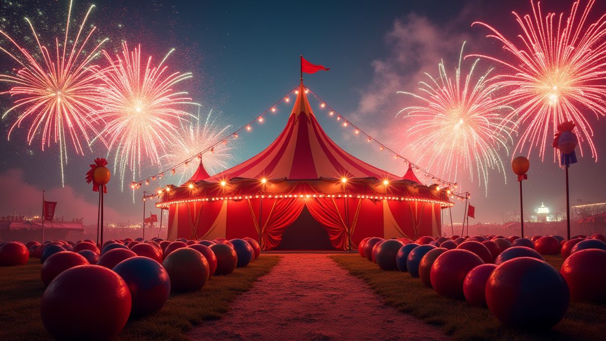 Ein Zirkus mit Feuerwerk und Kanonen.