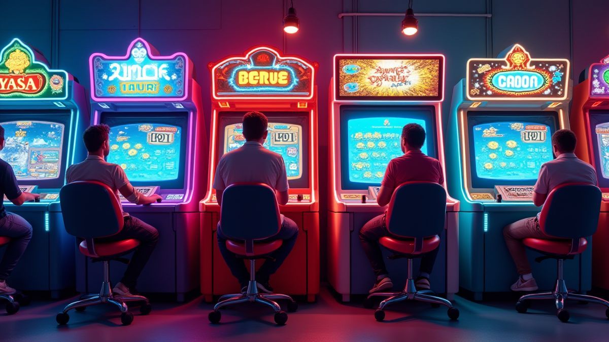 Retro-Arcade-Maschinen mit spielenden Spielern.