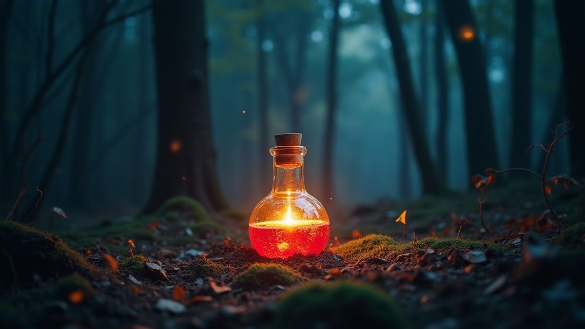 Une potion magique qui brille dans une forêt enchantée.