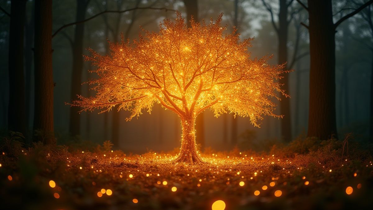 Glowing tree surrounded by golden sparkles in a magical forest.