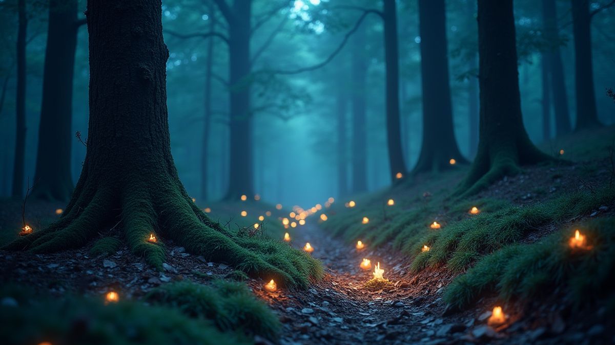 Mystical forest with glowing magical objects.