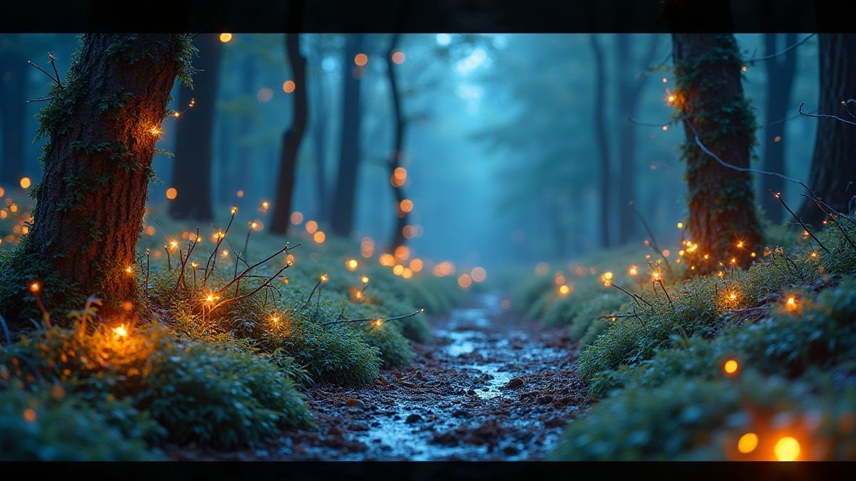 Bosque mágico com luzes brilhantes e elementos encantados.