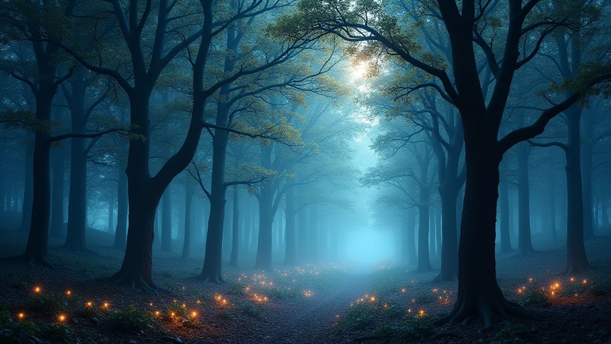 Bosque encantado con árboles brillantes y luces mágicas.