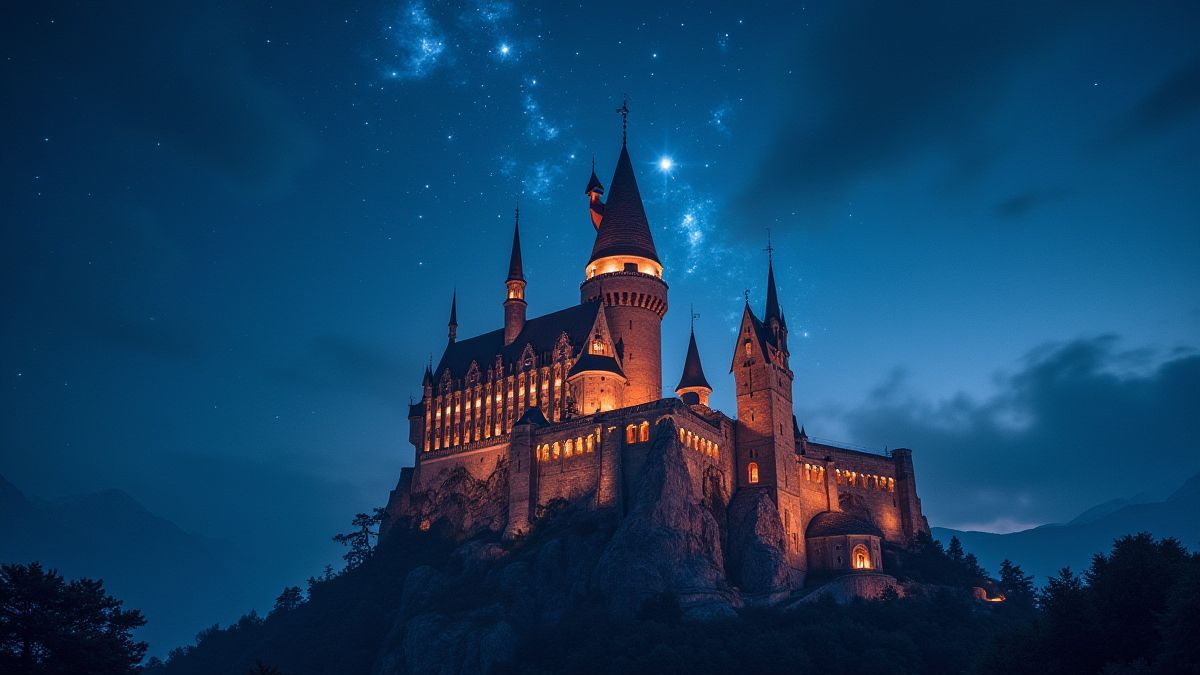 Un castillo medieval bajo un cielo estrellado con efectos mágicos.