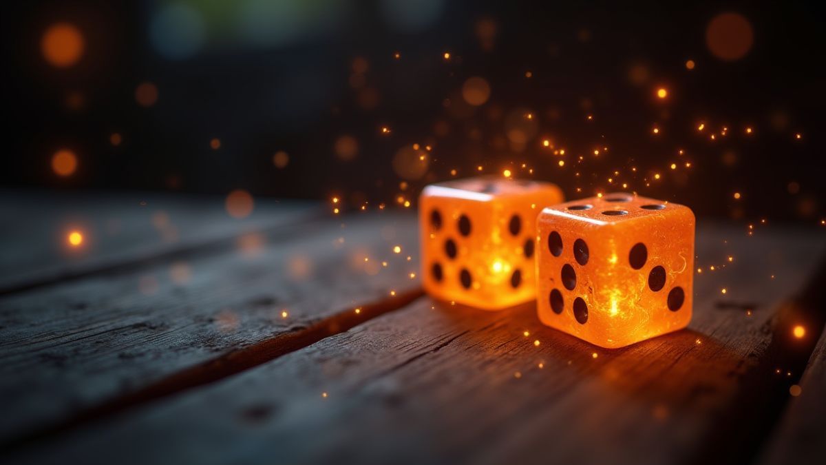Dados mágicos brillando sobre una mesa medieval de madera.