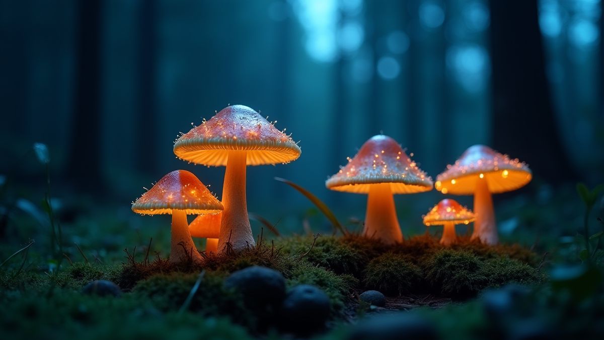 Nahaufnahme von leuchtenden Pilzen in einem magischen Wald bei Mondlicht.