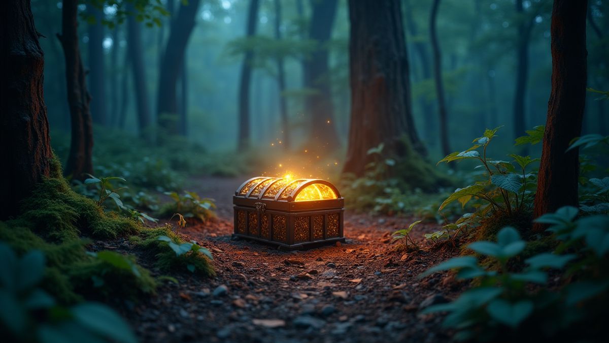 Ein leuchtender Schatztruhe versteckt in einem magischen Wald.
