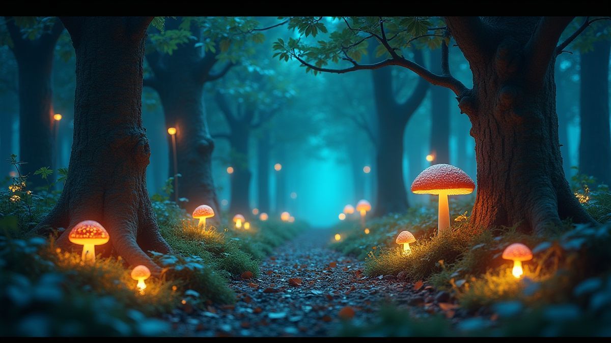 Uma floresta mágica cheia de símbolos encantados como cogumelos e livros.