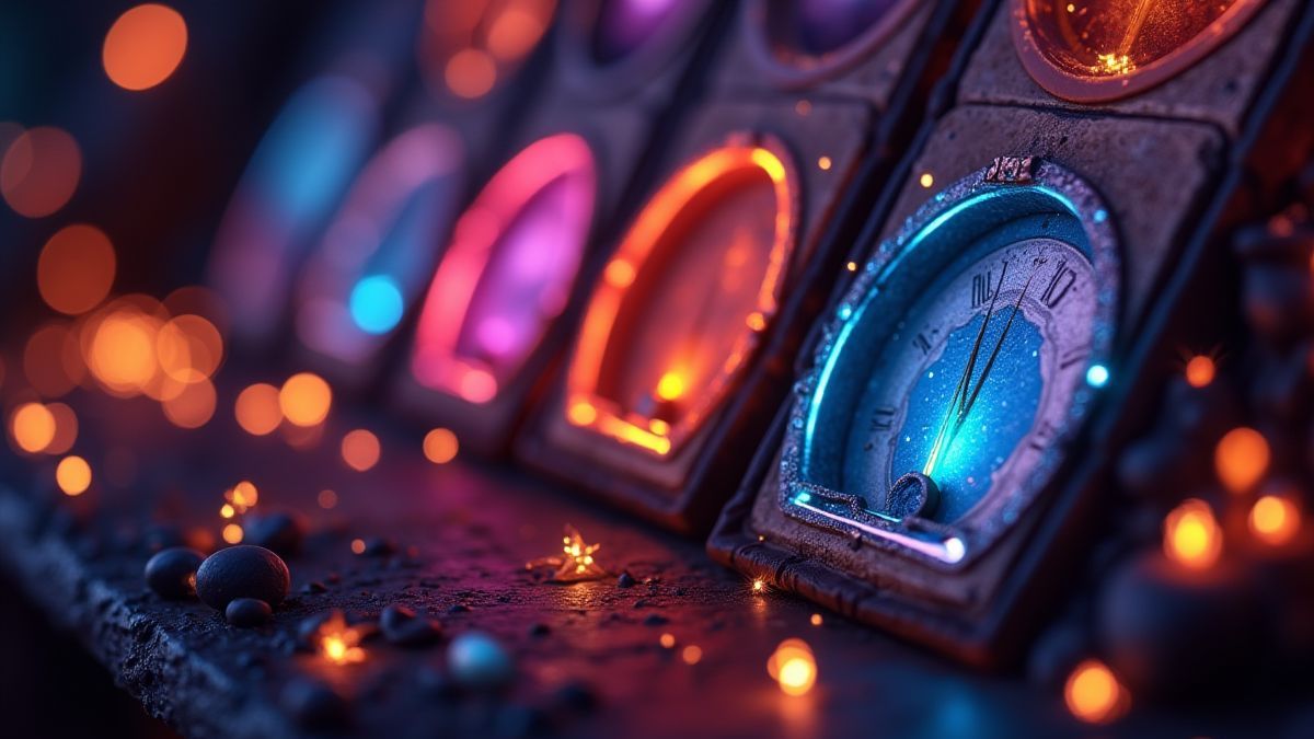 Estrelas brilhantes e medidores mágicos ao lado dos carretéis da slot.