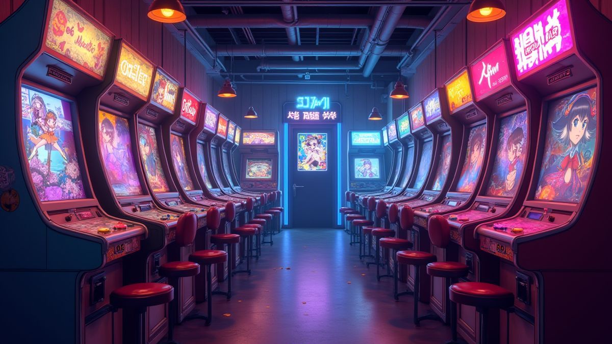 A retro arcade with neon lights and anime-style characters.