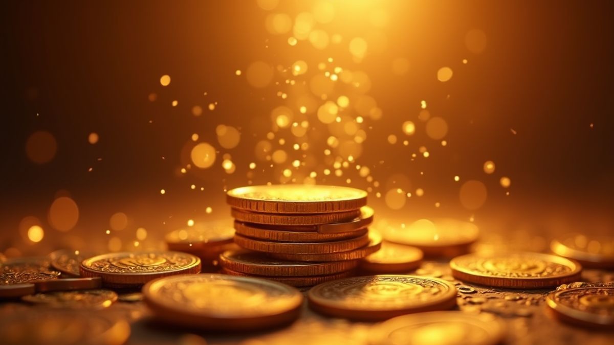 Golden Chinese coins stacked under a magical light.