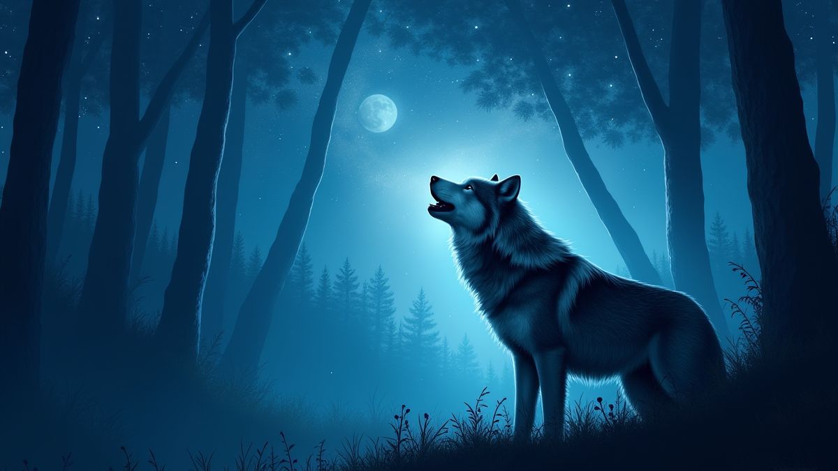 A wolf howling under a starry sky in a magical forest.