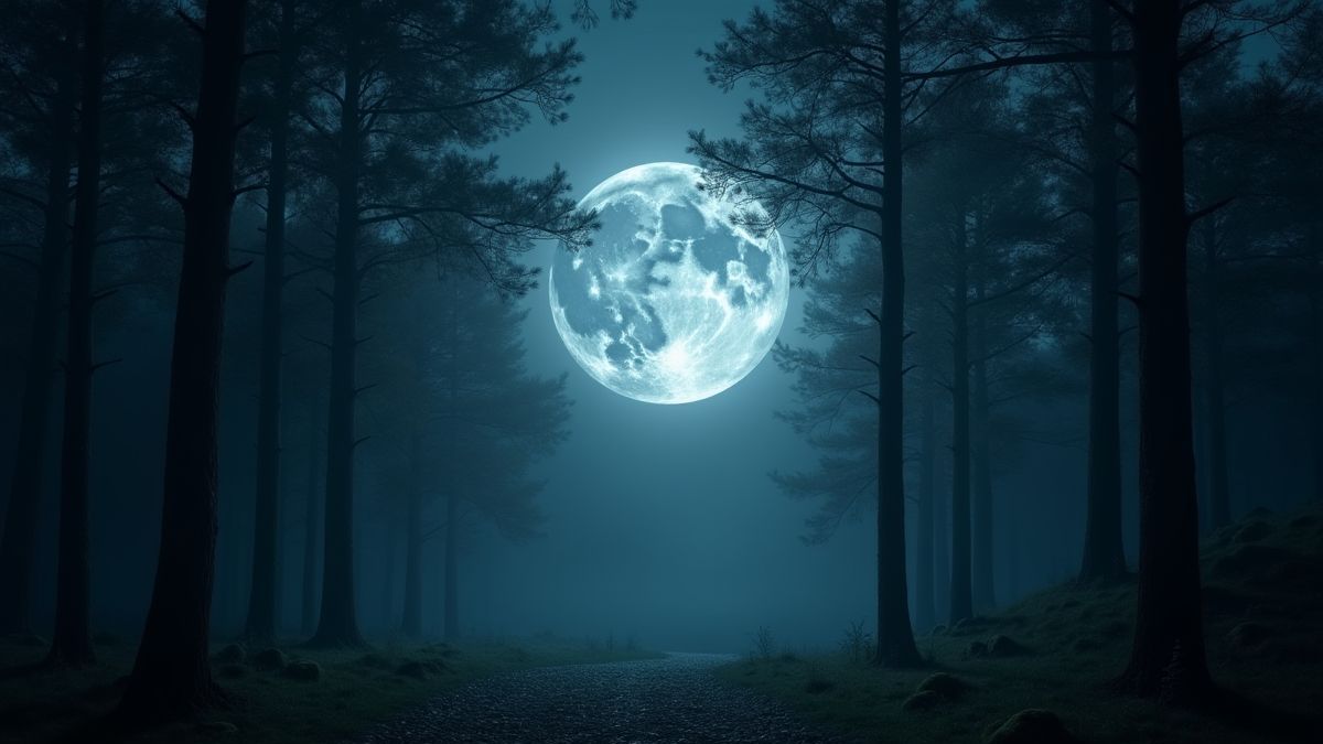 A glowing moon illuminating a dense forest with magical elements.