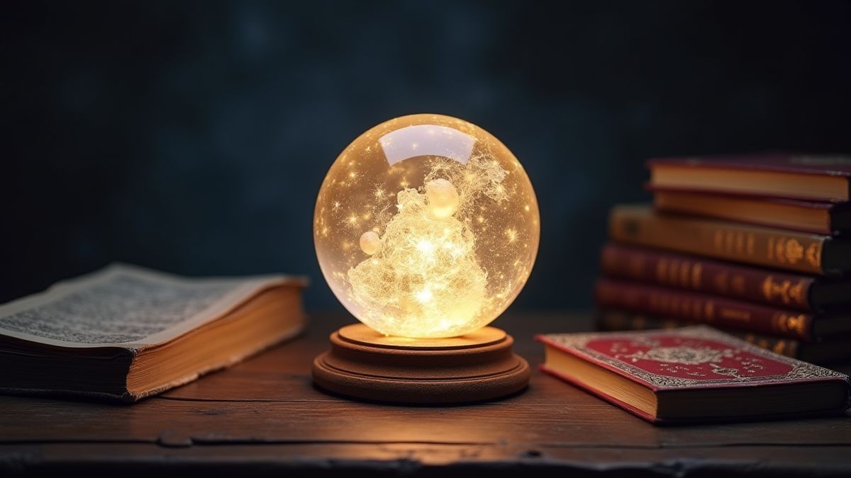 A glowing crystal ball surrounded by magical books.