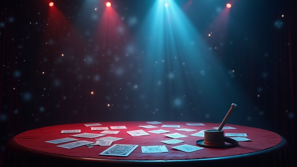 Ein Magierbühne mit funkelnden Lichtern und magischen Werkzeugen wie Karten und Zauberstäben.