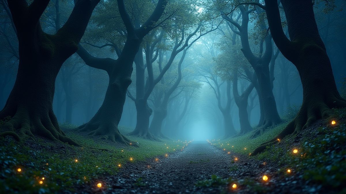 Ein mystischer Wald mit funkelnden Lichtern und magischen Vibes.