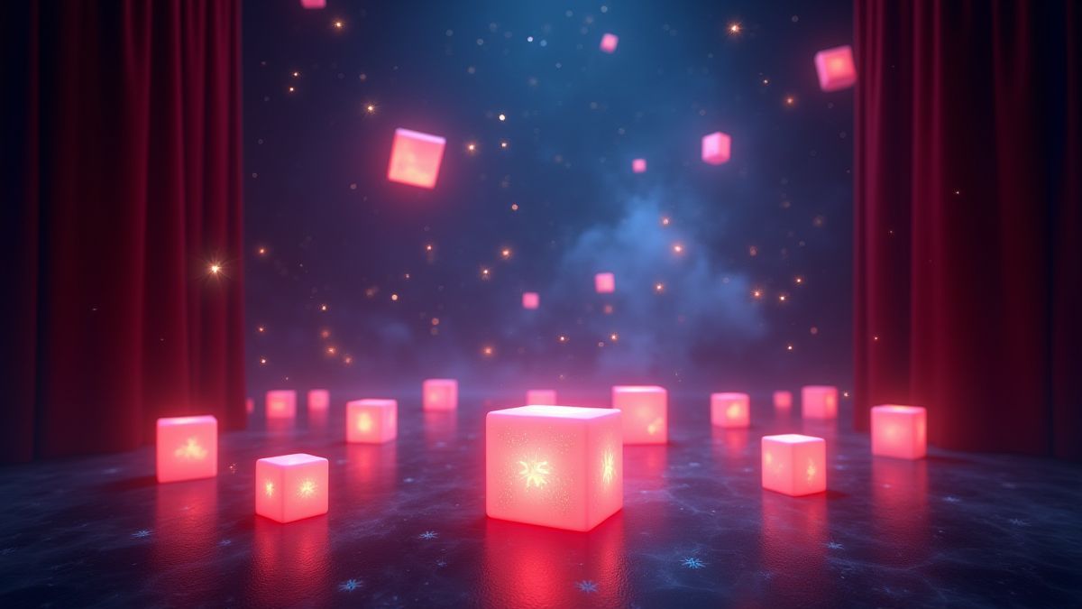 Cubos y estrellas flotantes en un teatro mágico.