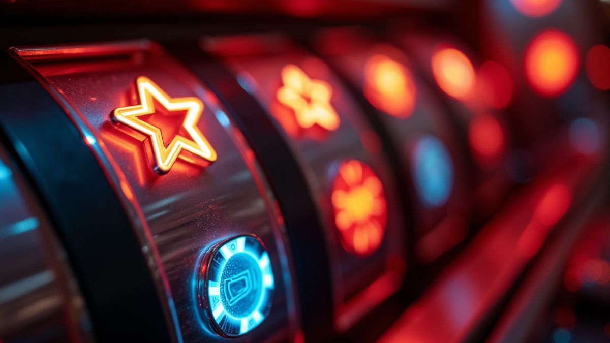 Heldere slotrollen met retro symbolen zoals sterren en pokerchips.