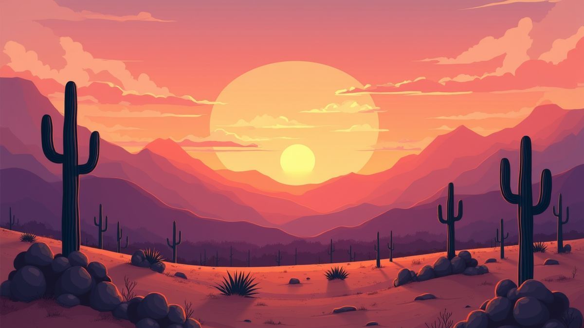 Paisaje del desierto con cactus y montañas al atardecer.