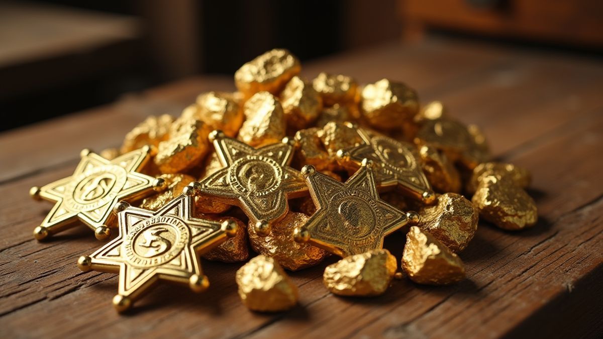 Lingotes de oro y placas de sheriff en una mesa de madera.