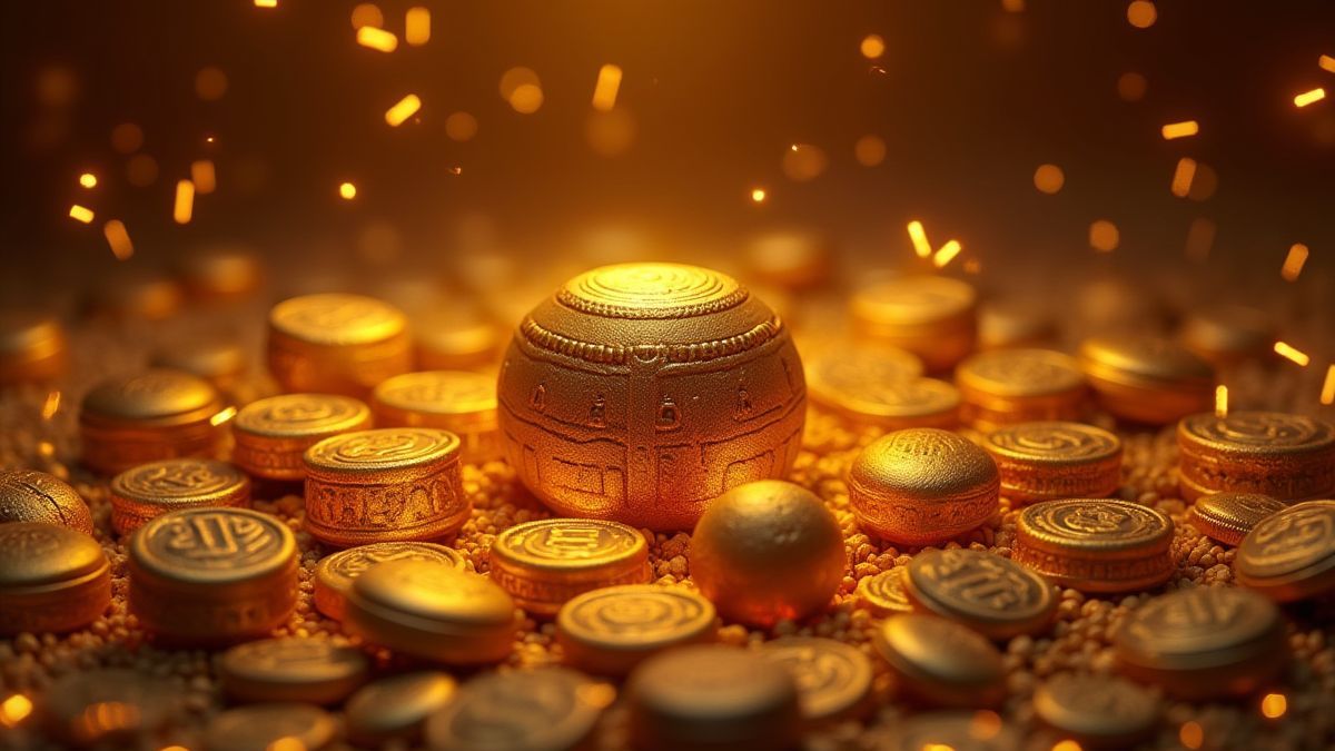 Artefactos dorados egipcios rodeados de jeroglíficos brillantes.