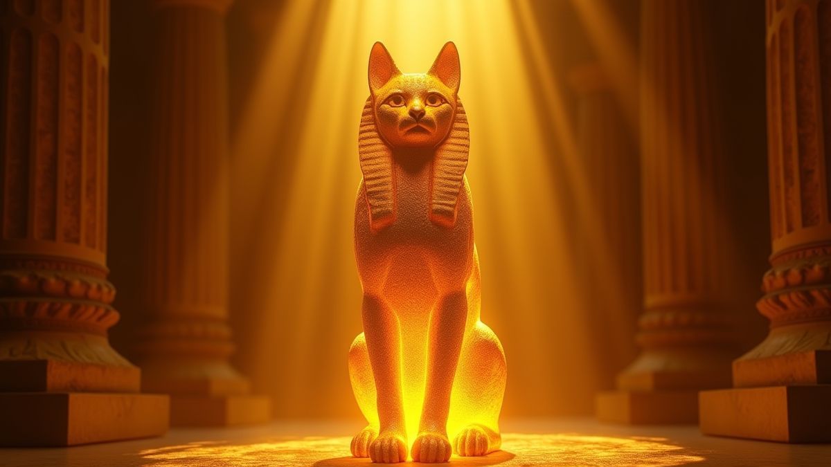 Estatua de gato egipcio rodeada de luz mística en un templo dorado.