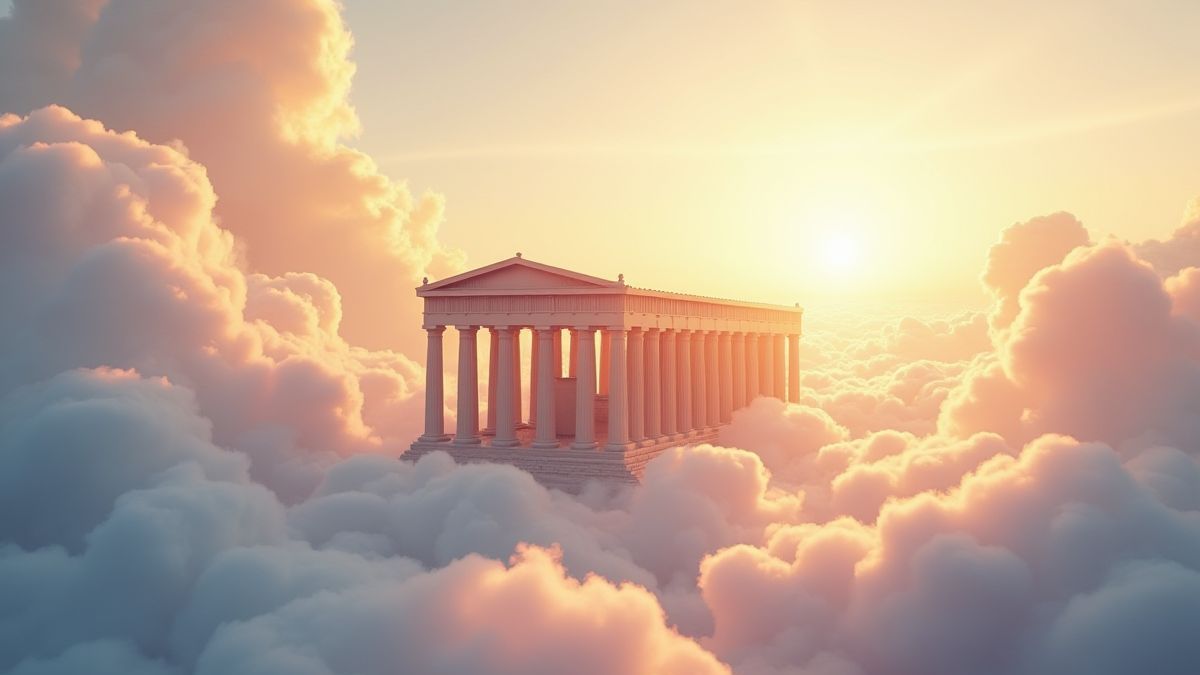 Temple grec entouré de nuages et de rayons de soleil