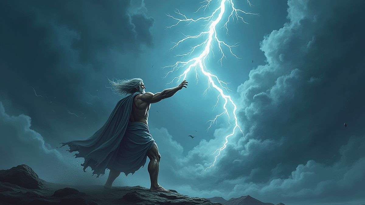 Zeus lançant un éclair dans un ciel orageux