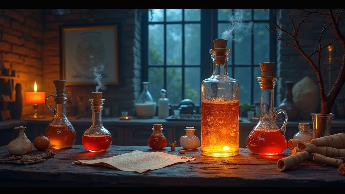 Laboratorio de alquimia con pociones iluminadas y pergaminos.