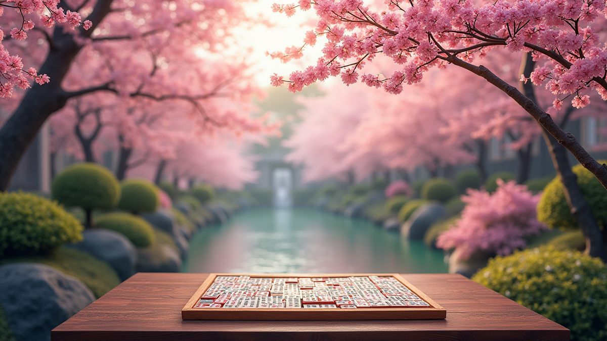 Imagen de un jardín asiático con flores de cerezo y una mesa de Mahjong.