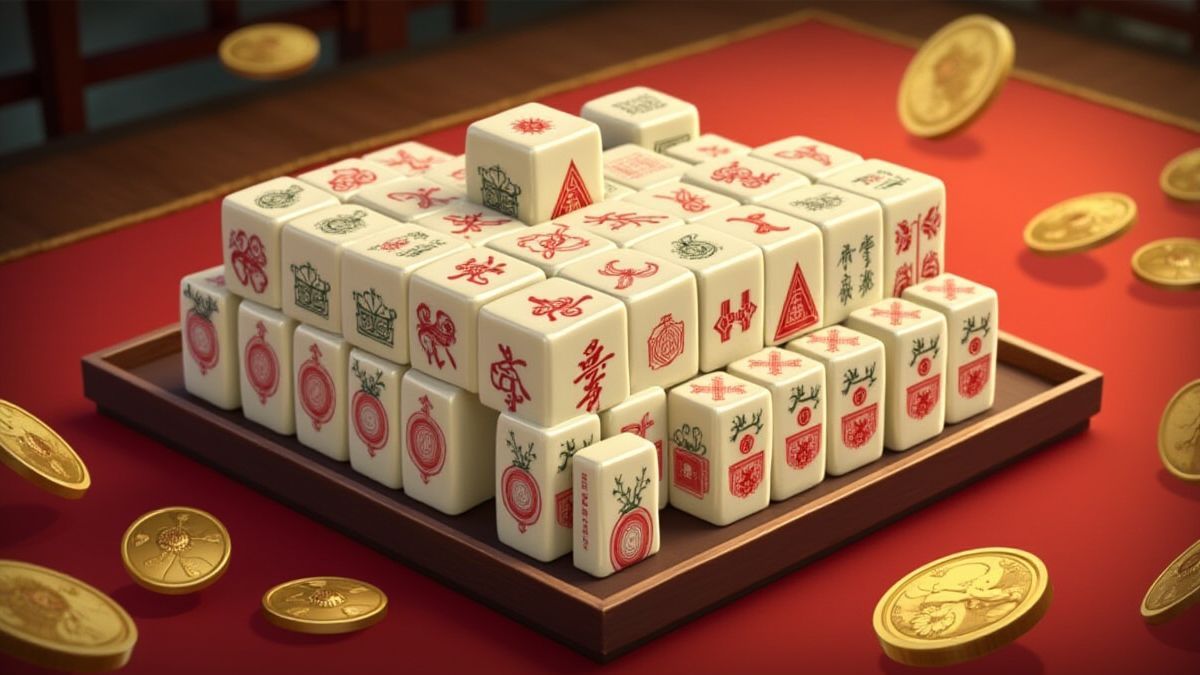 Configuración de Mahjong con monedas alrededor de los carretes.