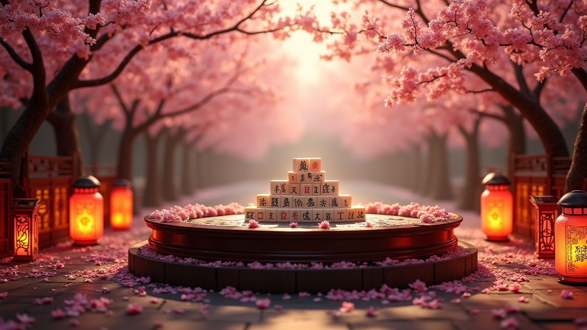 Mahjong table decorated with cherry blossoms and Asian lanterns.