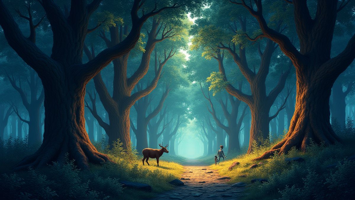 Illustration d'une forêt majestueuse avec des arbres resplendissants et de la faune.