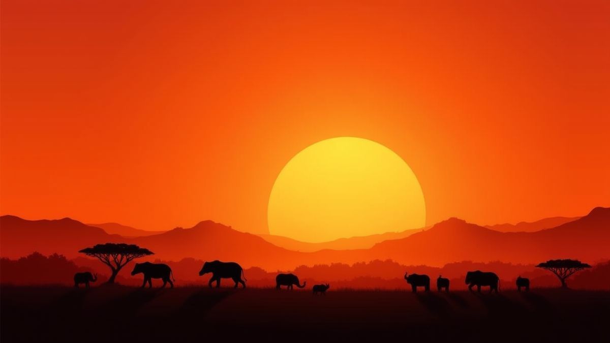 Coucher de soleil sur la savane africaine avec silhouettes de faune.
