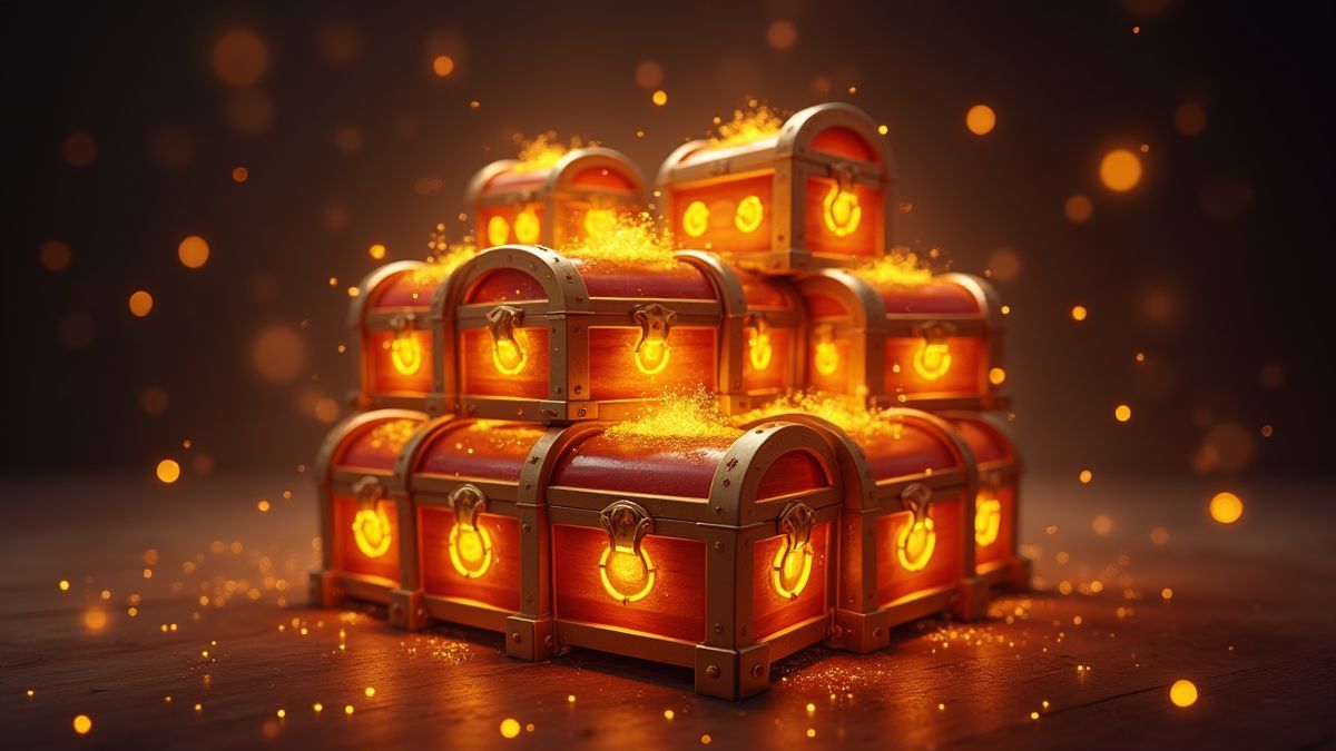 Magische Truhen, die auf einer Walze des Slots gestapelt sind.