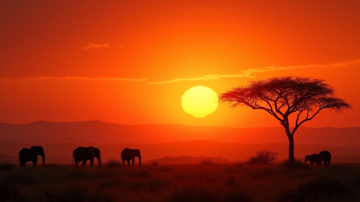 African sunset with silhouettes of wild animals.