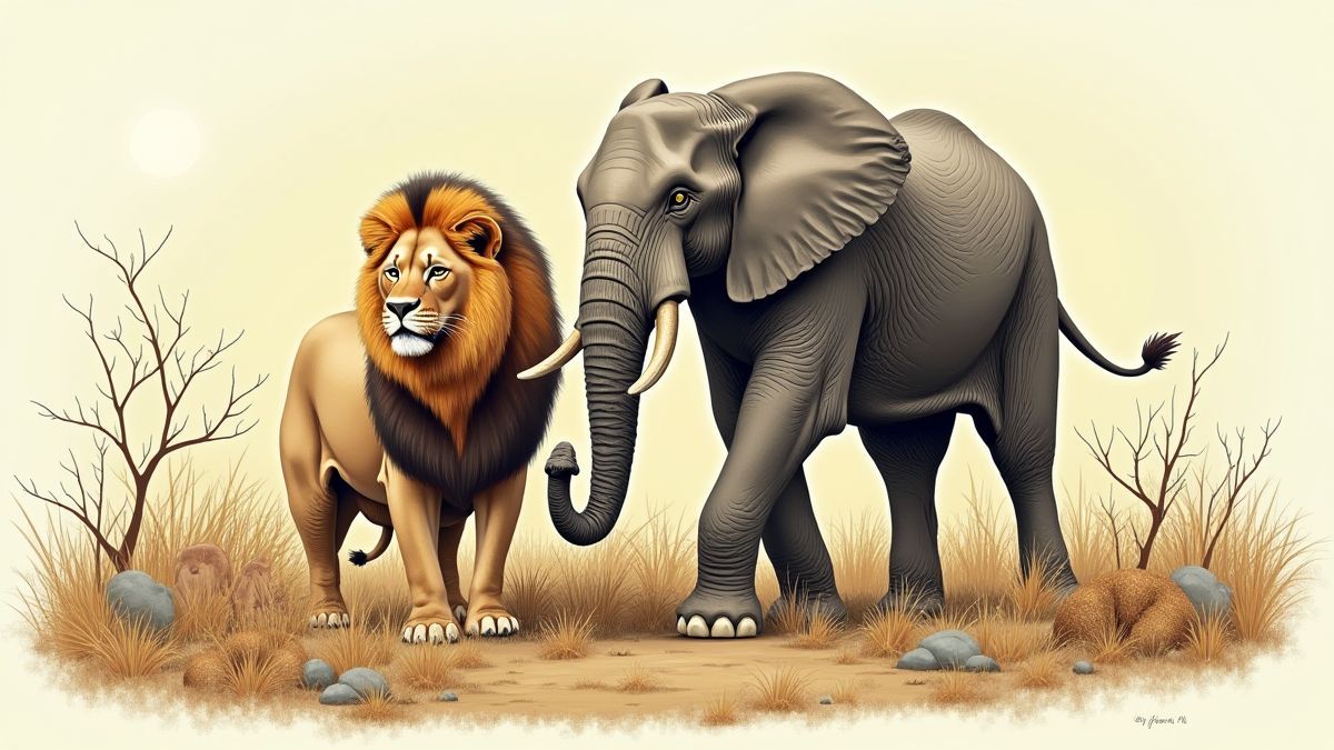 Detailed drawing of a lion and an elephant in their natural habitat.