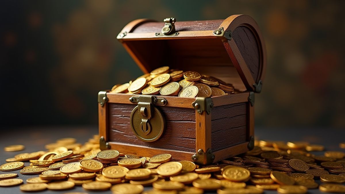 Um cofre do tesouro cheio de moedas de ouro em um fundo militar.