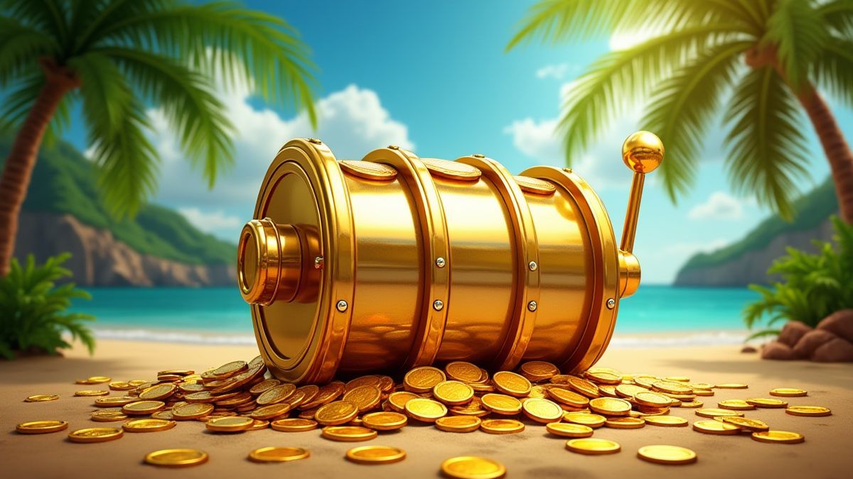 Uma ilha tropical com uma máquina caça-níqueis dourada rodeada de moedas de ouro.