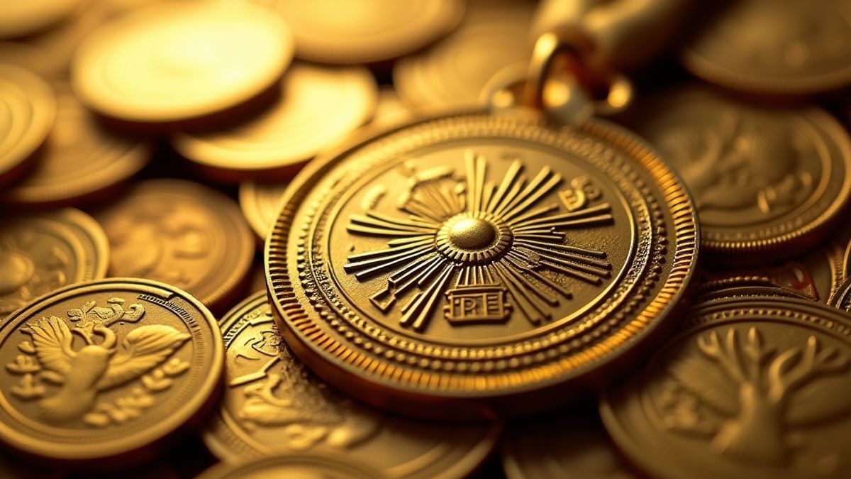 Militaire medaille omringd door gouden munten.