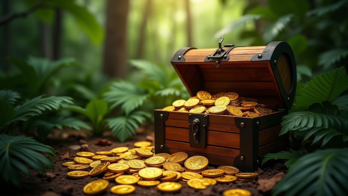 Gouden munten die uit een schatkist in een tropische jungle stromen.