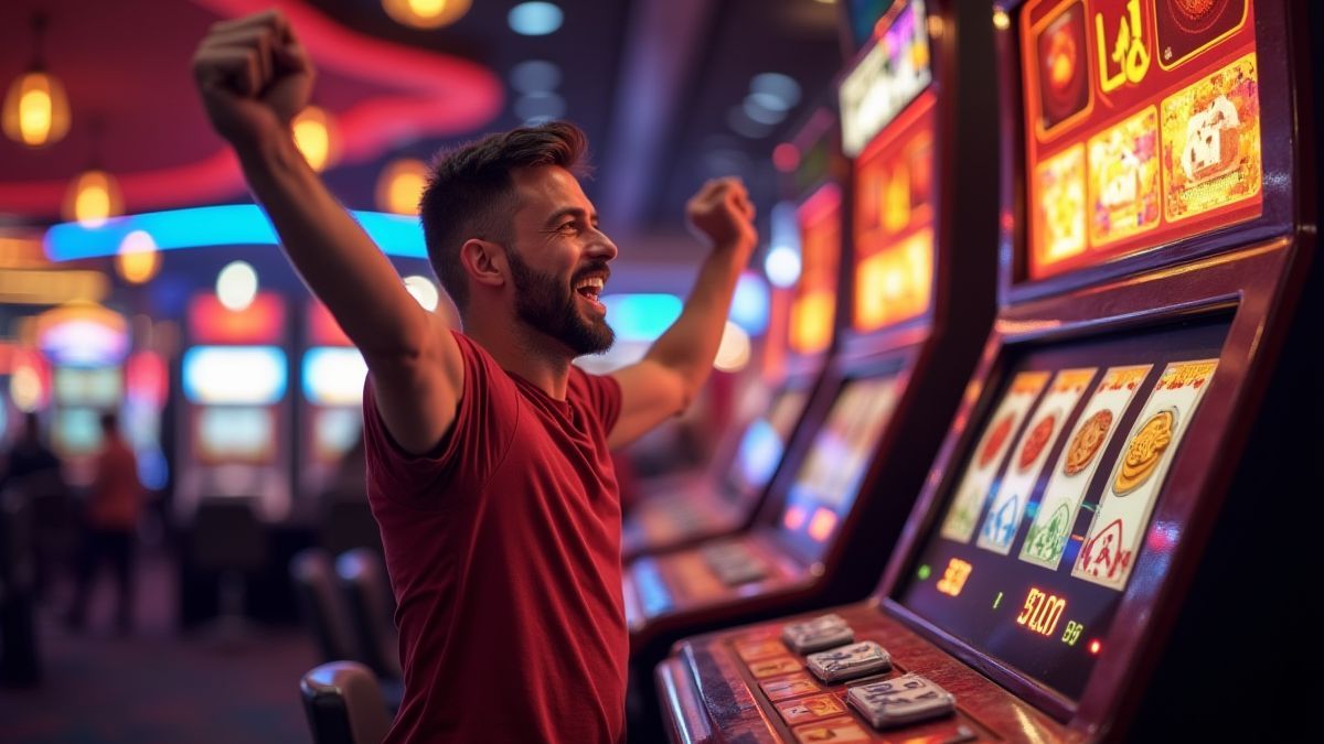 Speler die viert naast een jackpot teller in een levendige casino-omgeving.